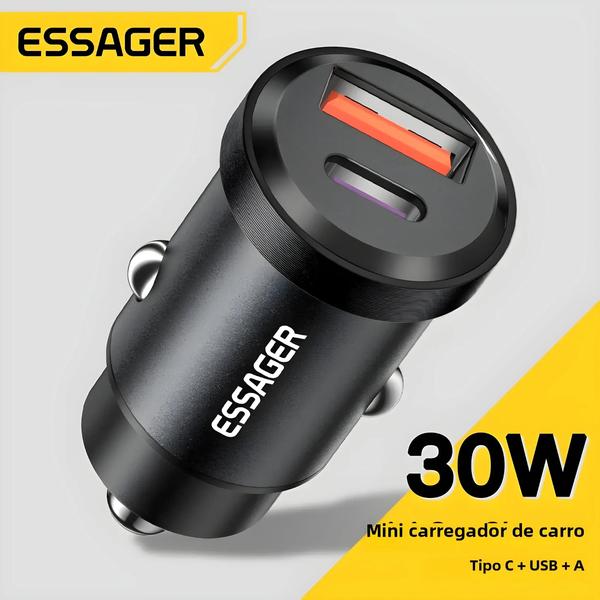 Imagem de Carregador de Carro USB Rápido 30W - Essager QC PD 3.0 SCP Tipo C para iPhone e Samsung