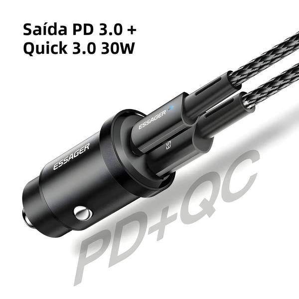 Imagem de Carregador de Carro USB Rápido 30W - Essager QC PD 3.0 SCP Tipo C para iPhone e Samsung