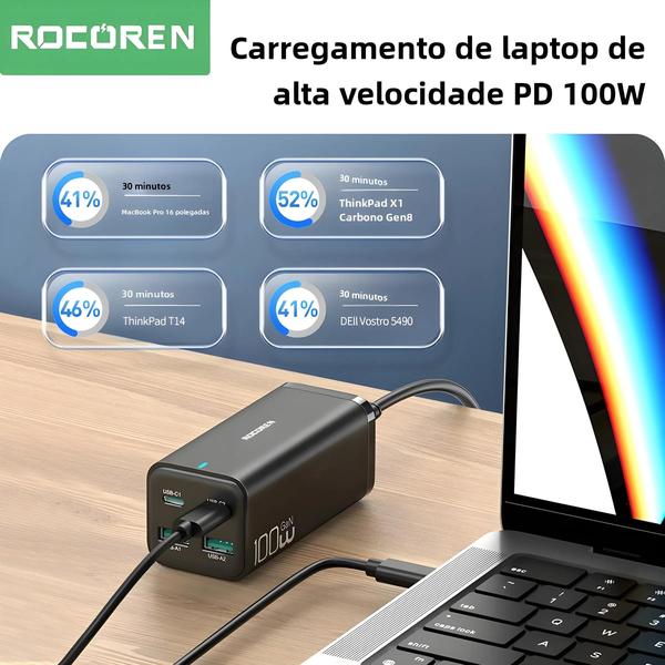 Imagem de Carregador de Mesa GAN 100W - Carga Rápida 4.0/5.0/3.0 e USB-C para Macbook