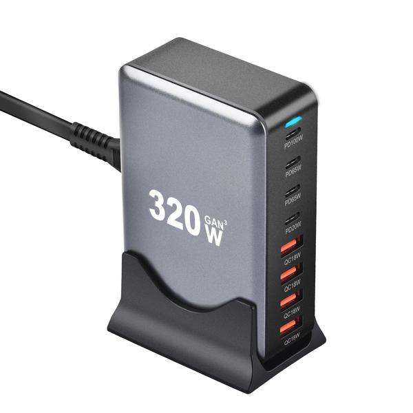 Imagem de Carregador de Mesa Rápido GAN 320W - 8 Portas USB-C e PD 3.0 - Compatível com iPhone 15/14 e Samsung