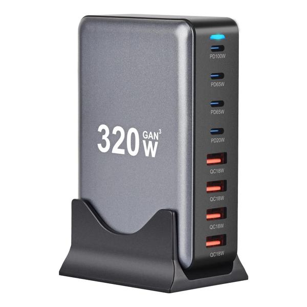 Imagem de Carregador de Mesa Rápido GAN 320W - 8 Portas USB-C e PD 3.0 - Compatível com iPhone 15/14 e Samsung