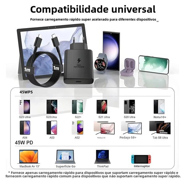 Imagem de Carregador De Parede Samsung De Carregamento Super Rápido De 45 W Com Cabo 5A USB C Para Tipo C Para