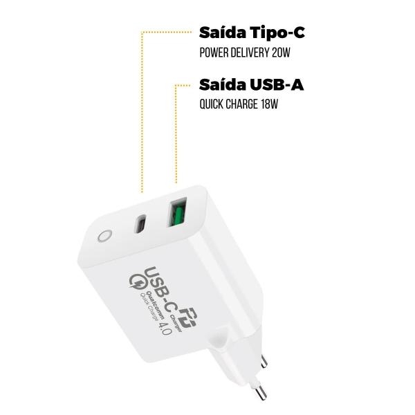 Imagem de Carregador De Parede Turbo Power Delivery Tecnológia Quick Charger 4.0 Até 18W Ultra Rápido  Tipo C / USB A Gshield Cor Branco