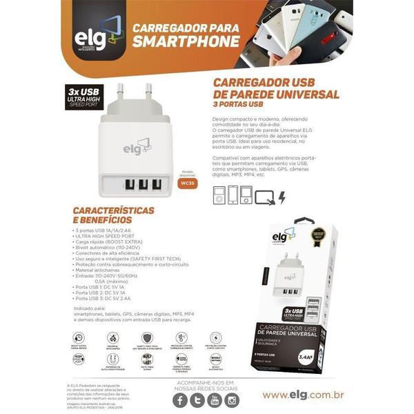 Imagem de Carregador de Parede Universal 3 USB de 1A a 2.4A WC3S ELG