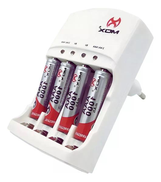 Imagem de Carregador De Pilha AA/AAA/9V + 4 Pilhas Recarregaveis AAA 1000 mah Mox Palito