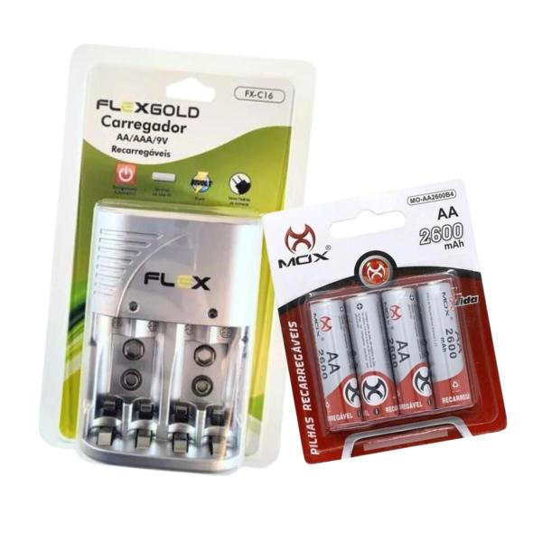 Imagem de Carregador De Pilha Aa/aaa/9v Auto Stop + 4 Pilhas Aa Rec 2600 Mah Mox