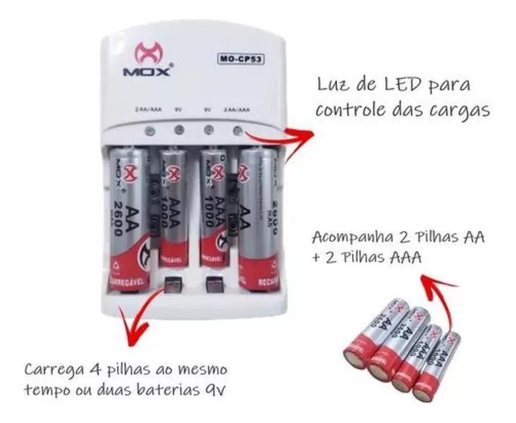 Carregador De Pilha Mox Bivolt + 4 Pilha Recarregáve Aa Aaa Imagem de Carregador De Pilha Mox Bivolt + 4 Pilha Recarregáve Aa Aaa