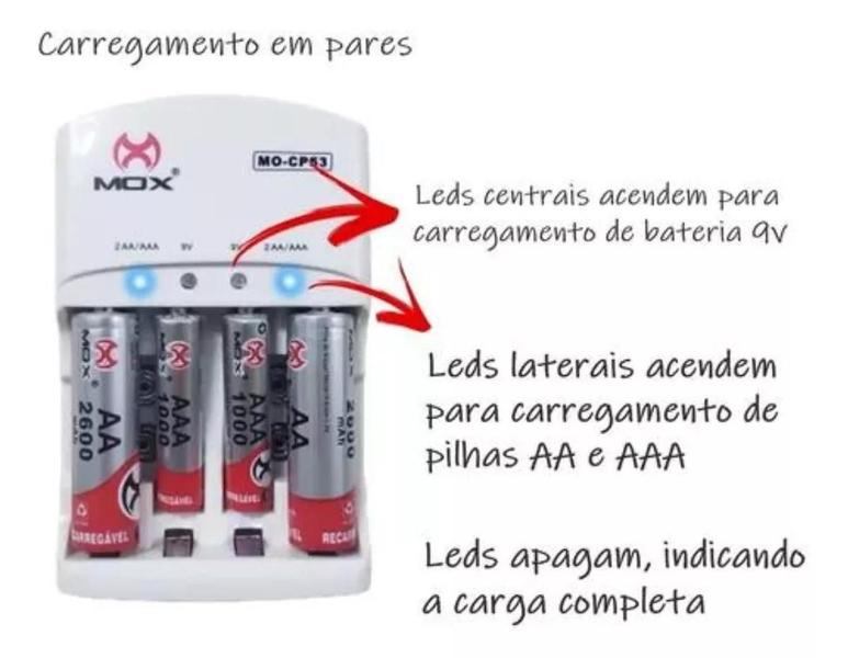 Carregador De Pilha Mox Bivolt + 4 Pilha Recarregáve Aa Aaa Imagem de Carregador De Pilha Mox Bivolt + 4 Pilha Recarregáve Aa Aaa
