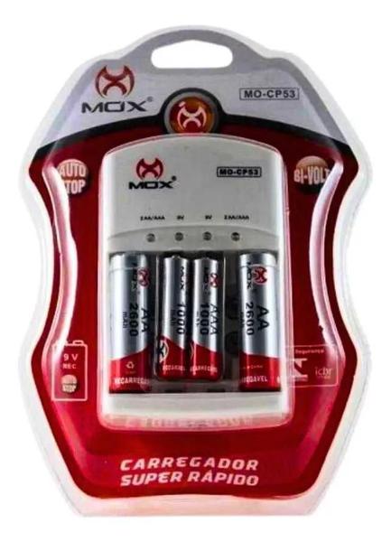 Carregador De Pilha Mox Bivolt + 4 Pilha Recarregáve Aa Aaa Imagem de Carregador De Pilha Mox Bivolt + 4 Pilha Recarregáve Aa Aaa