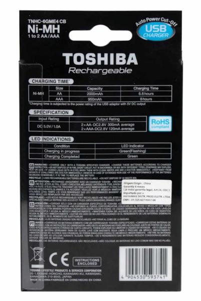 Imagem de Carregador de Pilha USB TNHC-6GME4 CB (C/4 Pilhas AA 2000 MAh) Toshiba