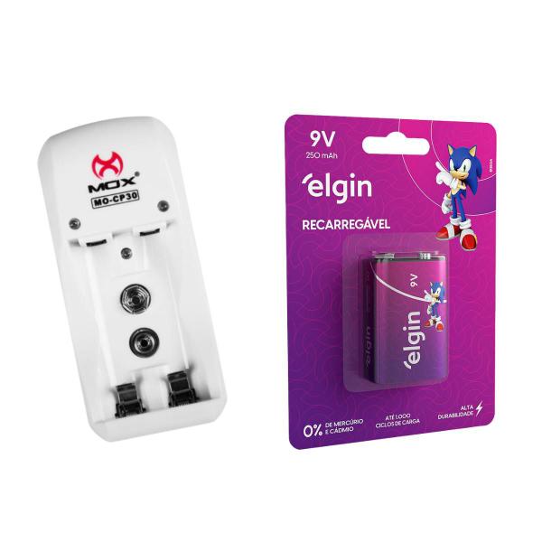 Carregador De Pilhas + 1 Bateria Recarregável 9v Elgin Imagem de Carregador De Pilhas + 1 Bateria Recarregável 9v Elgin