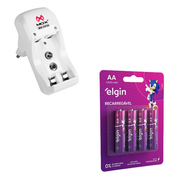 Imagem de Carregador De Pilhas + 4 Pilhas Aa Recarreg 2500 Mah Elgin