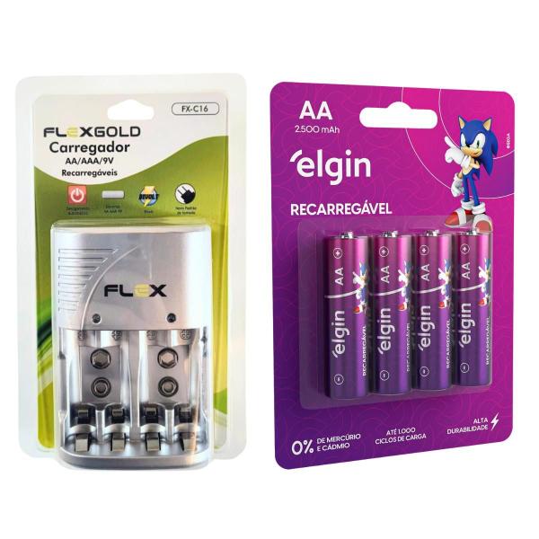 Imagem de Carregador De Pilhas Aa/Aaa/9V Auto Stop + 4 Pilhas Aa 2500 Mah Elgin