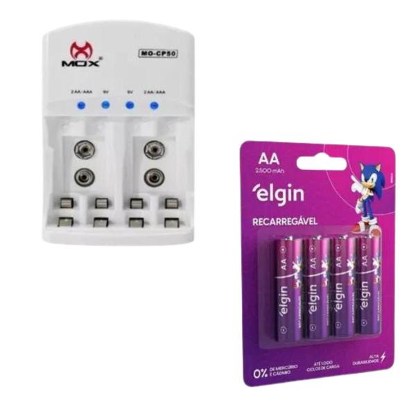 Imagem de Carregador De Pilhas Auto Stop + 4 Pilhas Aa 2500 Mah Elgin