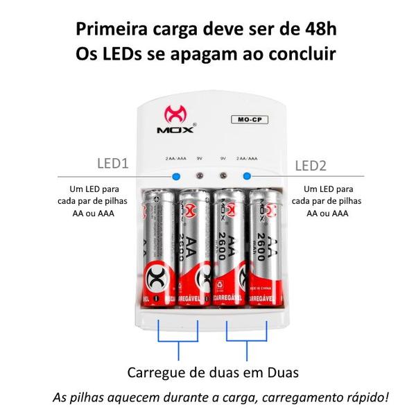 Carregador de Pilhas Bivolt MOX + 8 Pilhas Médias AA Recarregáveis Imagem de Carregador de Pilhas Bivolt MOX + 8 Pilhas Médias AA Recarregáveis