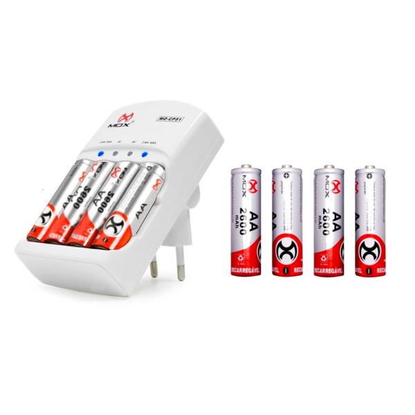 Carregador de Pilhas Bivolt MOX + 8 Pilhas Médias AA Recarregáveis Imagem de Carregador de Pilhas Bivolt MOX + 8 Pilhas Médias AA Recarregáveis