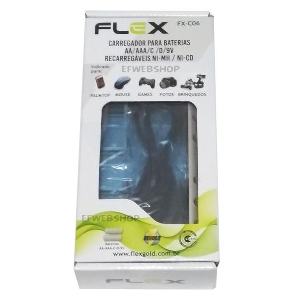 Carregador de Pilhas Flex Universal AA AAA C D e Baterias 9v Bivolt com Led FX-C06 Imagem de Carregador de Pilhas Flex Universal AA AAA C D e Baterias 9v Bivolt com Led FX-C06