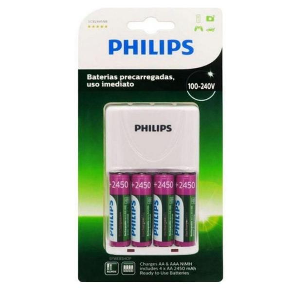 Imagem de Carregador de pilhas philips com 4 pilhas aa de 2450mah