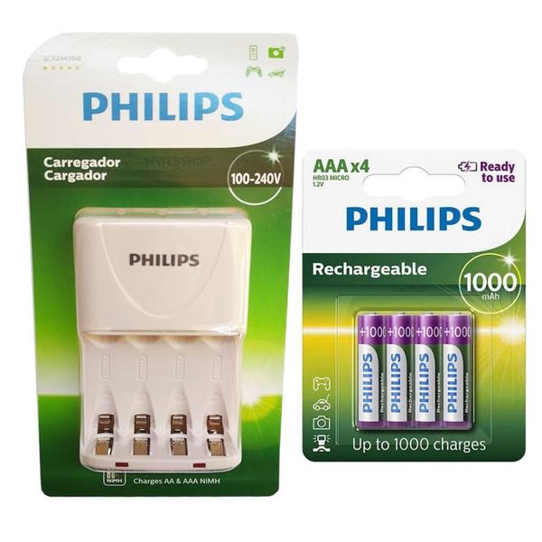 Imagem de Carregador de Pilhas Philips com 4 Pilhas Aaa Palito 1000 mAh Recarregáveis RTU Bivolt Inmetro