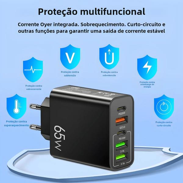 Imagem de Carregador de Telefone 20W com 5 Portas USB e USB-C - Carga Rápida 3.0