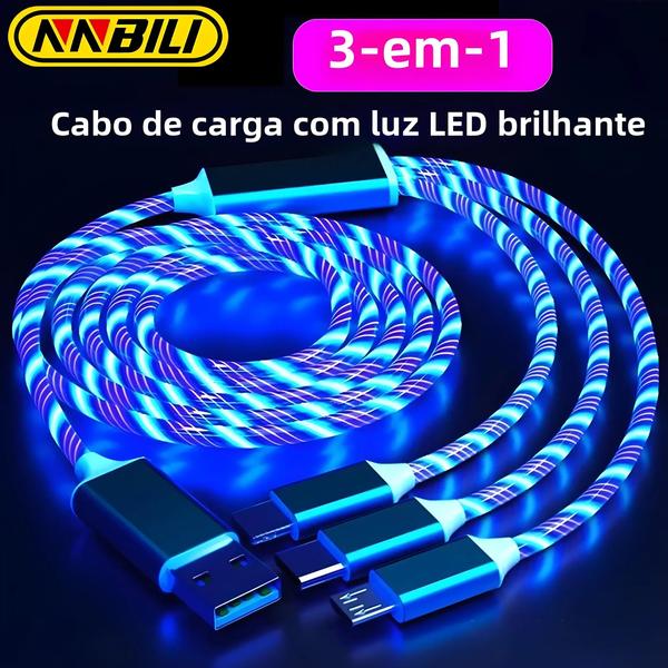 Imagem de Carregador de Telefone 3 em 1 com Luz LED - Cabo USB Tipo C para iPhone 14 e Xiaomi