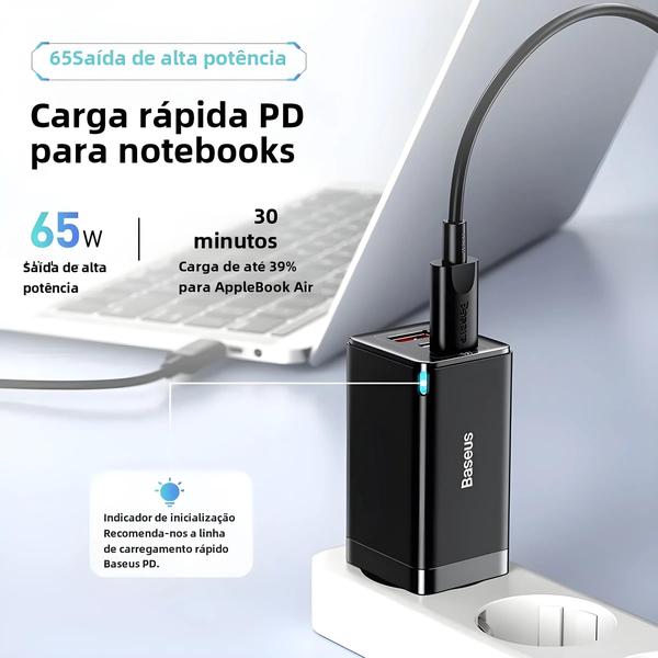 Imagem de Carregador GAN 65W com Quick Charge 4.0/3.0 e USB-C PD - Carregamento Rápido para Laptop e iPhone 14/13