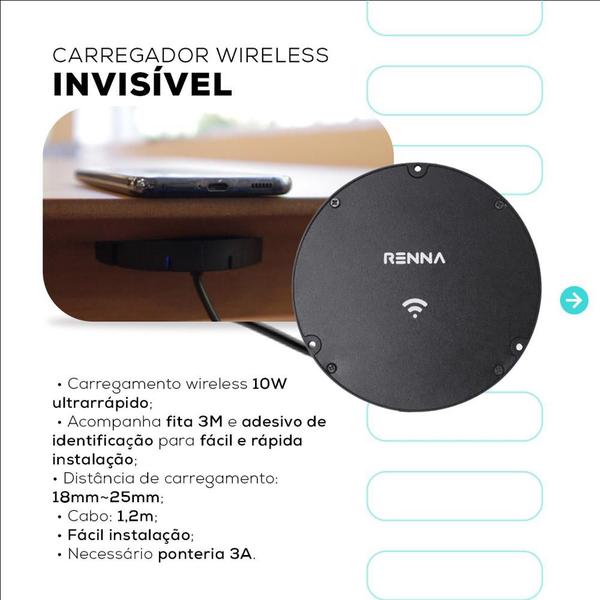 Imagem de Carregador Indução sem fio Wireless Invisível Para Mesa Bancada 10w