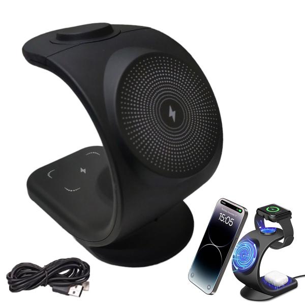 Imagem de Carregador Induçao Wireless 3 Em 1 Celular Relogio Fone Carregamento Rapido Magnetico 15W Mesa Escrivaninha Casa Escritorio Balcao Home Office Trabalh