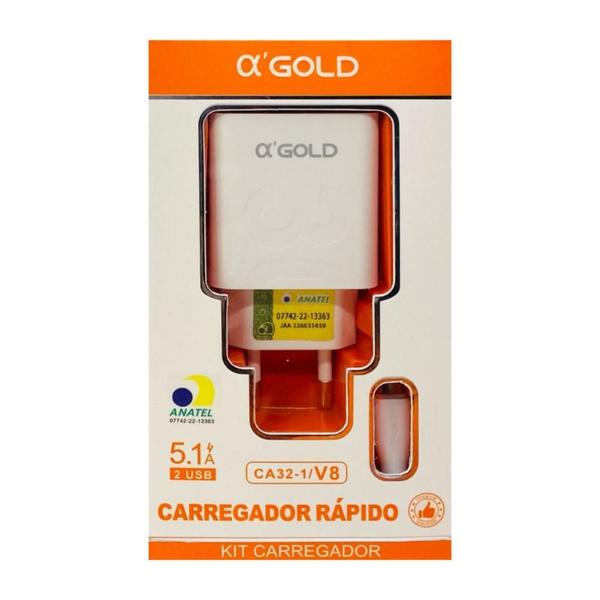 Imagem de Carregador Micro USB V8 A'Gold Fonte Dois USB E Cabo 5.1A