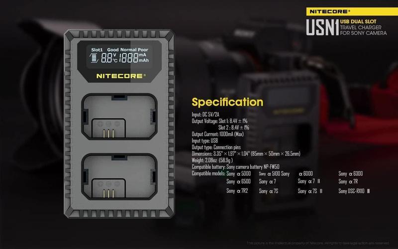 Imagem de Carregador Nitecore USN1 p/ Baterias Sony NP-FW50 - USB, LCD