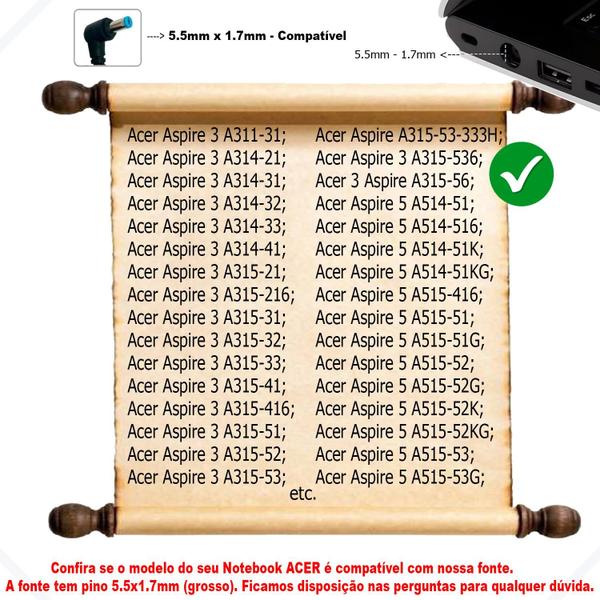 Imagem de Carregador para Acer Pa 1450-26, 65w, 19V 3.42A AC1914