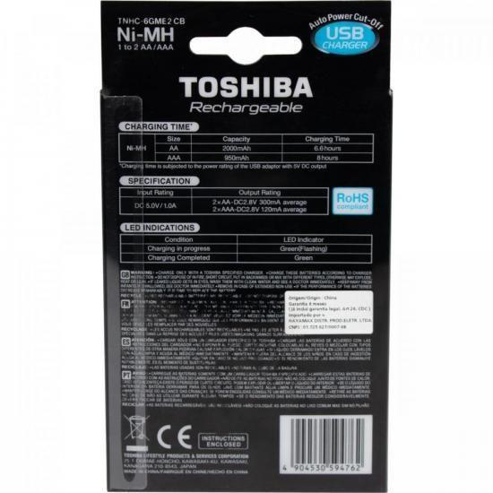 Carregador Pilha Usb 2 Pilhas Aa/Aaa .2.000 Mah Com 2 - Toshiba Imagem de Carregador Pilha Usb 2 Pilhas Aa/Aaa .2.000 Mah Com 2