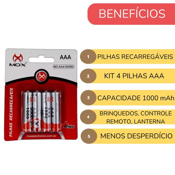 Imagem de Carregador Pilhas Bateria Super Rápido +4 Pilhas AAA 1000mAh