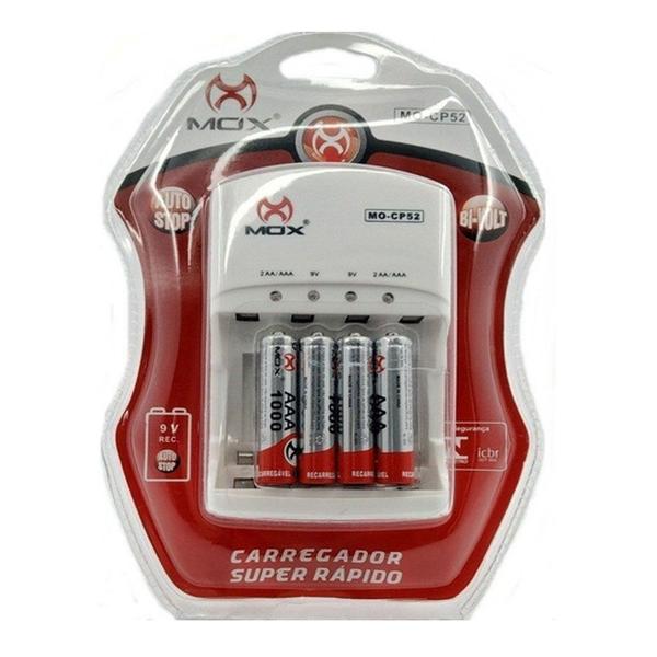 Carregador Pilhas Mox Aa Aaa 9v Com 4 Pilhas Aaa MO-CP52 Imagem de Carregador Pilhas Mox Aa Aaa 9v Com 4 Pilhas Aaa MO-CP52