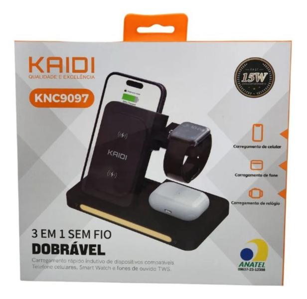 Imagem de Carregador Por Indução Dobrável 3 Em 1 Sem Fio Kaidi Android iOS Smartwatch Smartphone Fone