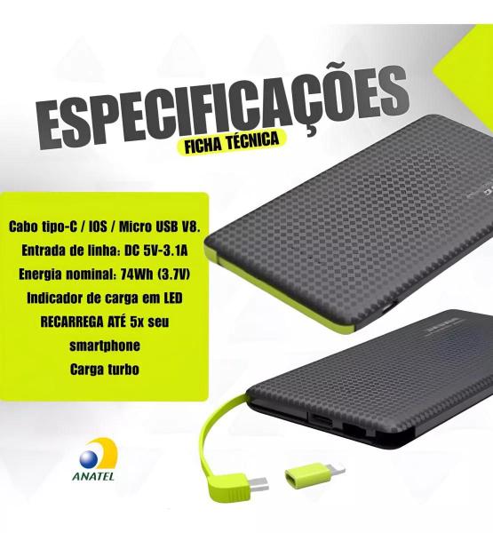 Imagem de Carregador Portátil Power Bank 10.000mAh - Mantenha-se Conectado com Energia Extra Sempre Disponível