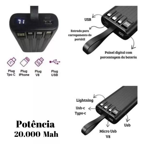 Imagem de Carregador Portátil Ultra Rápido 20000mAh Power Delivery 20W 4 Saídas USB + 1 Saída/Entrada USB-C