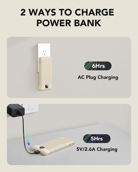 Imagem de Carregador portátil VRURC 10000mAh com cabos embutidos e plugue de parede