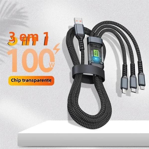 Imagem de Carregador Rápido 3 em 1 (100W 5A) - USB, Tipo-C e Micro USB - iPhone 14/13 e Samsung/Xiaomi