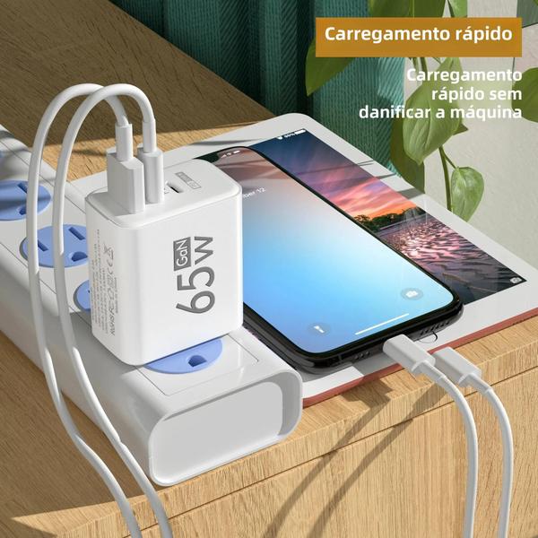 Imagem de Carregador Rápido 65W GaN USB Tipo C PD - iPhone 14/15/Pro, Xiaomi, Samsung e OnePlus