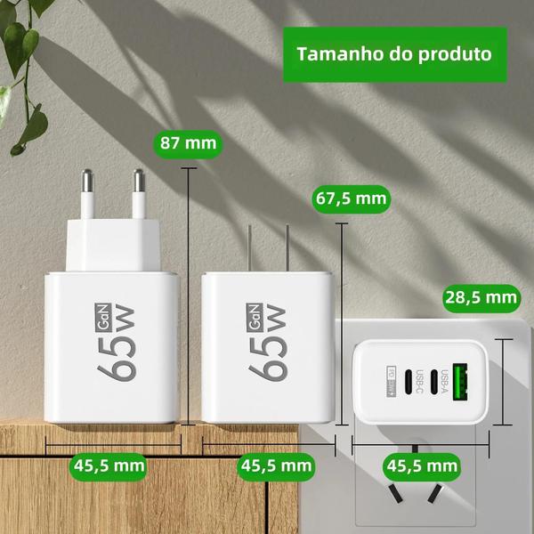 Imagem de Carregador Rápido 65W GaN USB Tipo C PD - iPhone 14/15/Pro, Xiaomi, Samsung e OnePlus