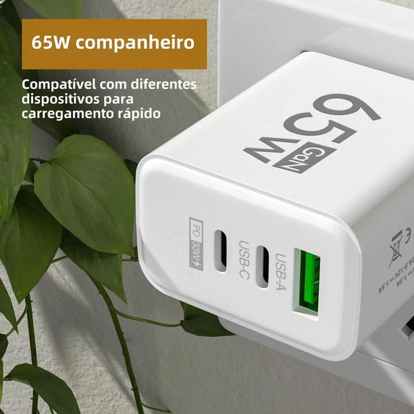 Imagem de Carregador Rápido 65W GaN USB Tipo C PD - iPhone 14/15/Pro, Xiaomi, Samsung e OnePlus