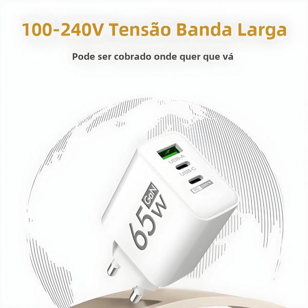 Imagem de Carregador Rápido 65W GaN USB Tipo C PD - iPhone 14/15/Pro, Xiaomi, Samsung e OnePlus