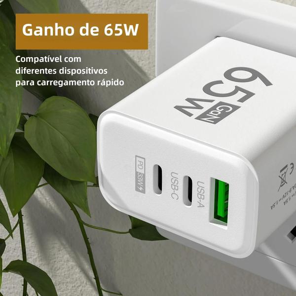 Imagem de Carregador Rápido 65W USB-C PD com 3 Portas - Adaptador para Celular