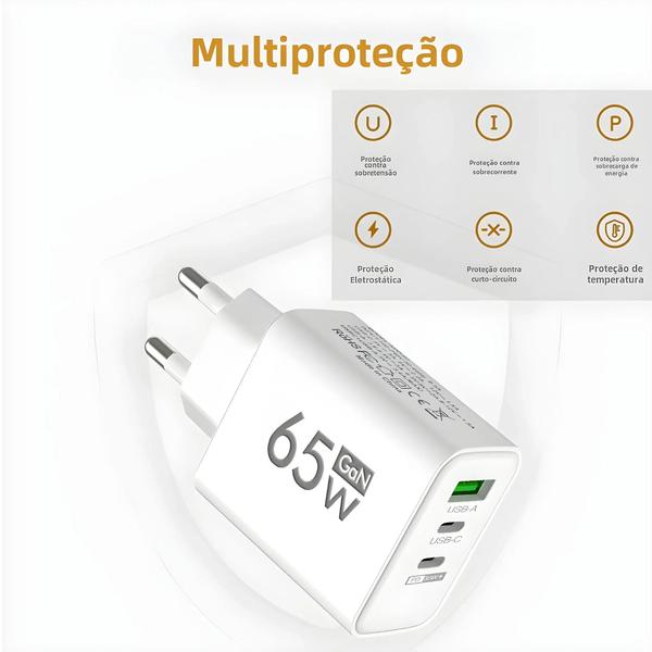 Imagem de Carregador Rápido 65W USB-C PD com 3 Portas - Adaptador para Celular