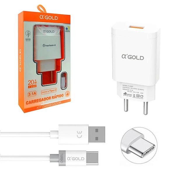 Imagem de Carregador Rápido A-Gold 2 Entradas USB - Modelo do Cabo Tipo C