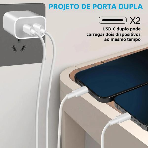 Imagem de Carregador Rápido Dual USB-C 40W PD - QC4.0/3.0 - Compatível com iPhone 15/14/13