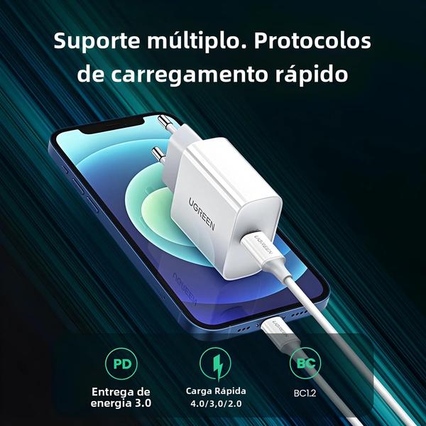 Imagem de Carregador Rápido Ugreen 20W - Quick Charge 4.0/3.0 e USB-C para iPhone 15/14/13/12 e Xiaomi