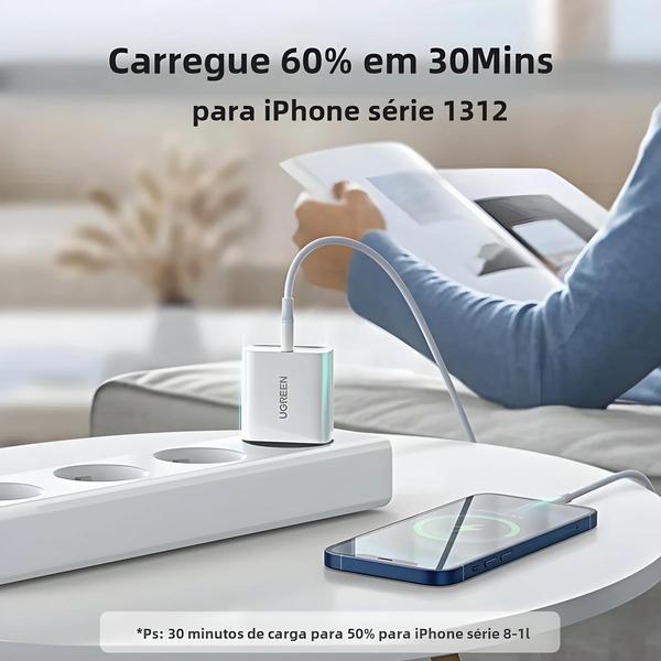 Imagem de Carregador Rápido Ugreen 20W - Quick Charge 4.0/3.0 e USB-C para iPhone 15/14/13/12 e Xiaomi