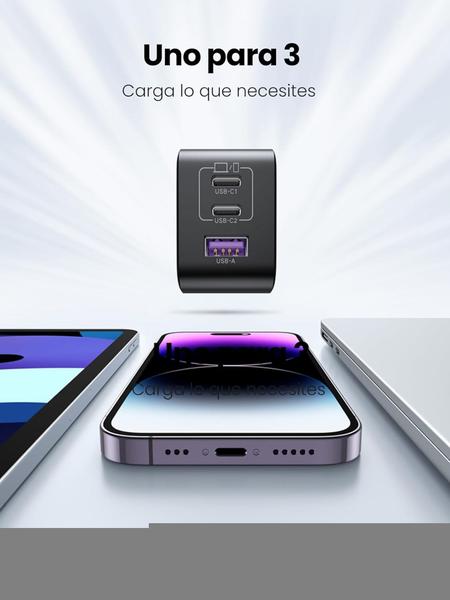 Imagem de Carregador rápido UGREEN Nexode 65W PD tecnologia GaN USB-C + USB-A (3 portas)